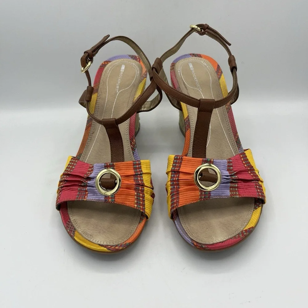 Rockport Womens Wedge Sandal Espadrile T-Strap Open Toe Leather Fabric 9 Striped